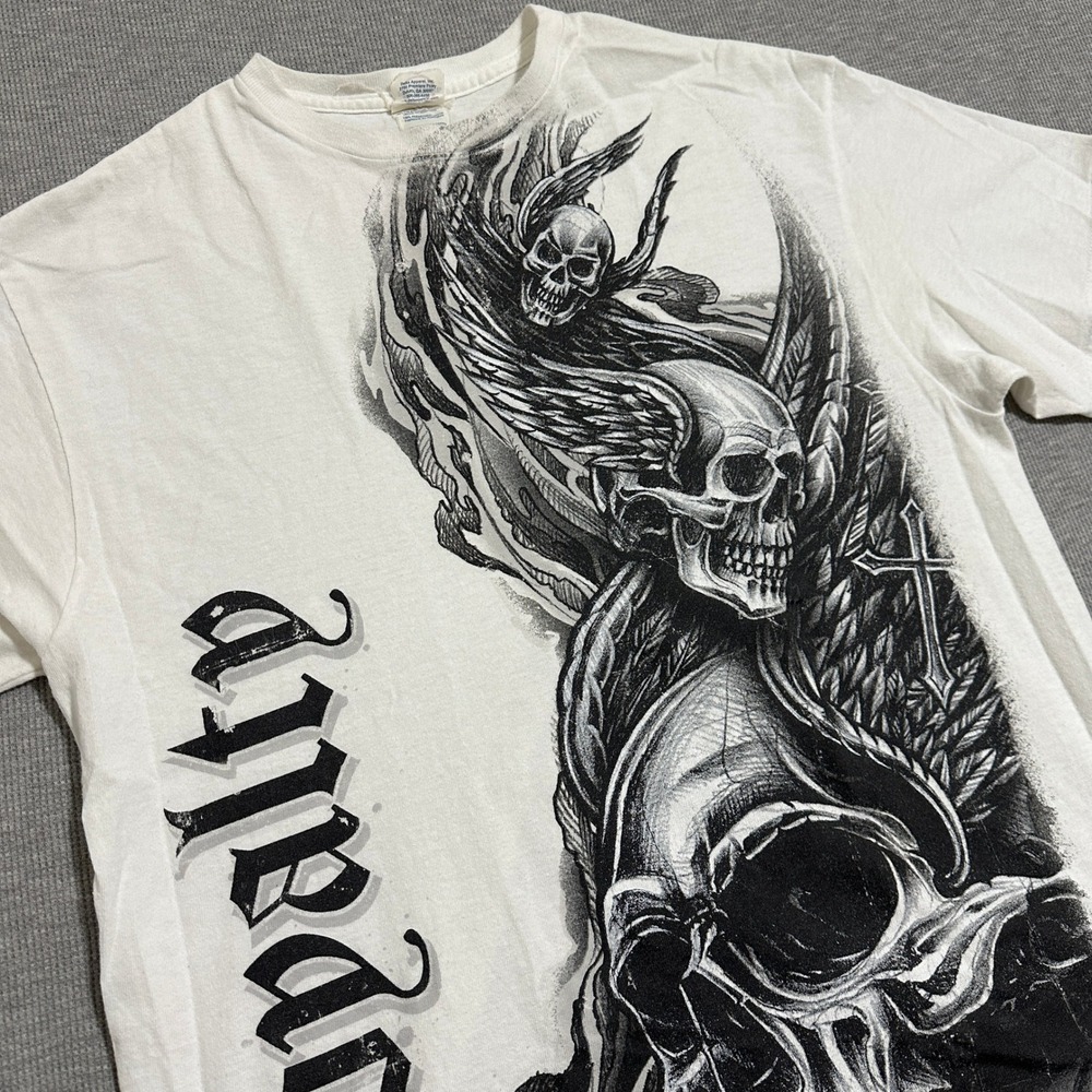 Vintage Loyalty Gothic Skull Wings Cross Half AOP Tattoo Graphic Tee White Large